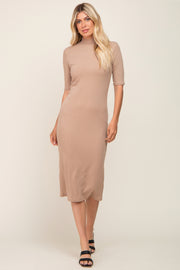 Taupe Ribbed Mock Neck Midi Dress