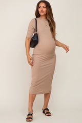 Taupe Ribbed Mock Neck Maternity Midi Dress