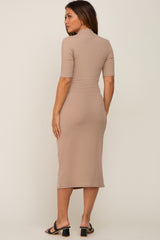 Taupe Ribbed Mock Neck Maternity Midi Dress