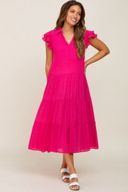 Fuchsia Flutter Sleeve Tiered Maternity Midi Dress