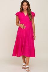 Fuchsia Flutter Sleeve Tiered Maternity Midi Dress