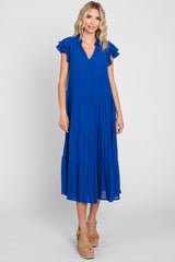 Royal Blue Flutter Sleeve Tiered Midi Dress