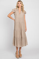 Taupe Flutter Sleeve Tiered Maternity Midi Dress