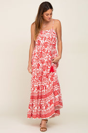 Red Floral Linen Tiered Maxi Dress