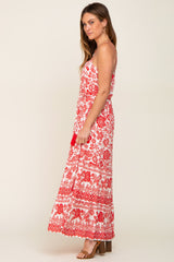 Red Floral Linen Tiered Maxi Dress