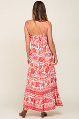 Red Floral Linen Tiered Maxi Dress