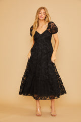 Black Floral Embroidered Puff Sleeve Maternity Midi Dress