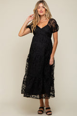 Black Floral Embroidered Puff Sleeve Maternity Midi Dress