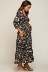 Black Floral Smocked Tiered Maternity Midi Dress