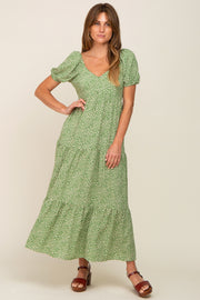 Green Floral Puff Sleeve Maxi Dress