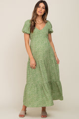 Green Floral Puff Sleeve Maternity Maxi Dress