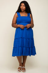 Royal Blue Smocked Square Neck Ruffle Strap Tiered Plus Midi Dress