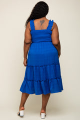 Royal Blue Smocked Square Neck Ruffle Strap Tiered Plus Midi Dress