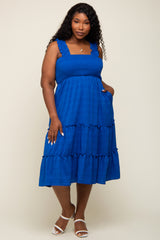 Royal Blue Smocked Square Neck Ruffle Strap Tiered Plus Midi Dress