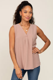 Light Mocha Solid V-Neck Sleeveless Top