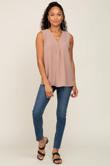 Light Mocha Solid V-Neck Sleeveless Top