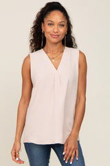 Beige Solid V-Neck Sleeveless Top