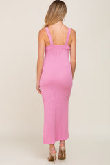 Pink Rib Knit Side Slit Maternity Maxi Dress