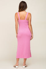 Pink Rib Knit Side Slit Maxi Dress