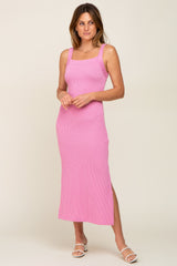 Pink Rib Knit Side Slit Maxi Dress