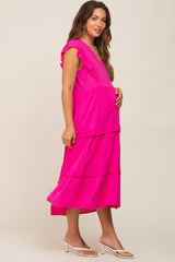 Fuchsia Ruffle Accent Tiered Maternity Midi Dress