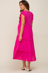 Fuchsia Ruffle Accent Tiered Maternity Midi Dress