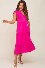 Fuchsia Ruffle Accent Tiered Maternity Midi Dress