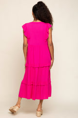 Fuchsia Ruffle Accent Tiered Midi Dress