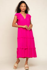 Fuchsia Ruffle Accent Tiered Midi Dress