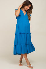 Aqua Ruffle Accent Tiered Maternity Midi Dress