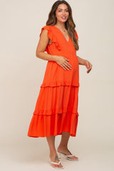 Orange Ruffle Accent Tiered Maternity Midi Dress