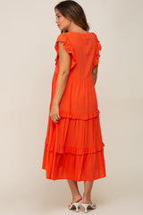 Orange Ruffle Accent Tiered Maternity Midi Dress