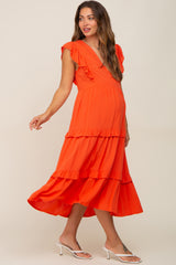 Orange Ruffle Accent Tiered Maternity Midi Dress