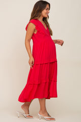 Red Ruffle Accent Tiered Maternity Midi Dress