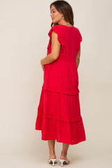 Red Ruffle Accent Tiered Maternity Midi Dress