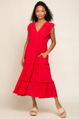 Red Ruffle Accent Tiered Midi Dress