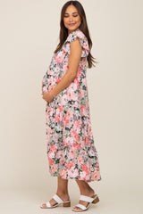 Black Floral Button Front Ruffle Sleeve Tiered Maternity Midi Dress