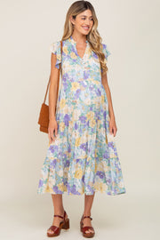 Yellow Floral Button Front Ruffle Sleeve Tiered Maternity Midi Dress