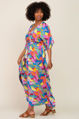 Magenta Multicolor Leaf Pint Tassel Tie Maxi Dress