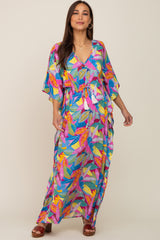 Magenta Multicolor Leaf Pint Tassel Tie Maternity Maxi Dress