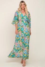 Beige Floral Chiffon Half Length Sleeve Maxi Dress