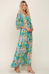 Beige Floral Chiffon Half Length Sleeve Maxi Dress