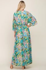 Beige Floral Chiffon Half Length Sleeve Maxi Dress