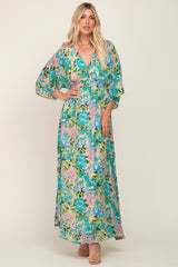 Beige Floral Chiffon Half Length Sleeve Maxi Dress