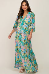 Beige Floral Chiffon Half Length Sleeve Maternity Maxi Dress