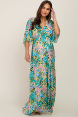 Beige Floral Chiffon Half Length Sleeve Maternity Maxi Dress