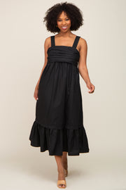 Black Pleated Back Tie Midi Dress