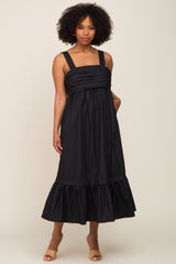 Black Pleated Back Tie Midi Dress