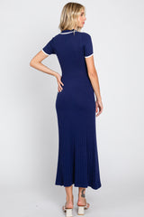 Navy Blue Collared Knit Midi Dress