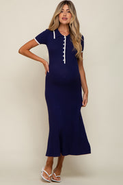 Navy Blue Collared Knit Maternity Midi Dress